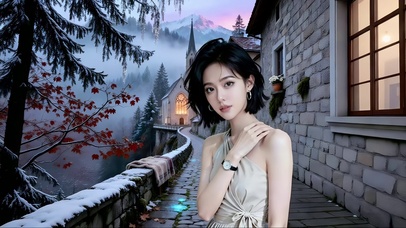 在林间别墅廊道的美女