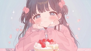 可爱卡通粉色动漫萝莉少女吃蛋糕