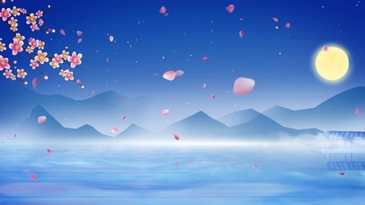 夜空樱花山水背景