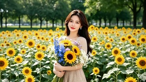 公园向日葵花海前的捧花美女