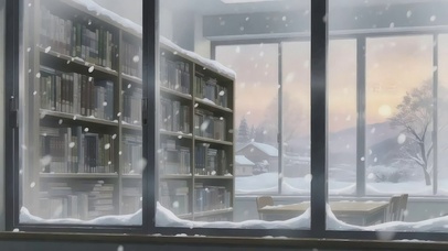 雪天落日静谧图书光
