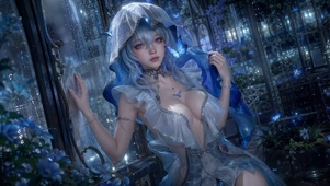 蓝雨窗边蓝发二次元美少女