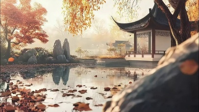 秋日古韵园林古亭池塘