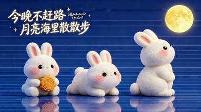 中秋月夜可爱毛绒兔子