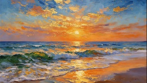 油画手绘夕阳海岸