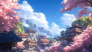 春天晴空白云古城美景