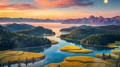 晚霞树木河流双屏