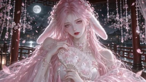粉色古风兔耳美少女月下赏樱