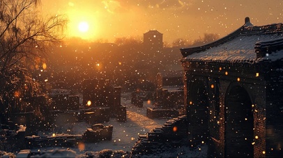 冬日黄昏落日大雪古城