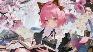 樱花书堆中的猫耳少女