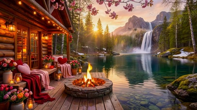 春天清晨高山湖边小屋