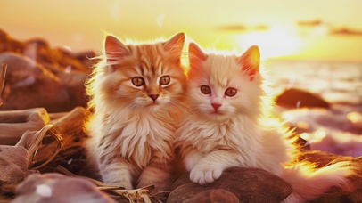 夕阳下一对猫咪情侣