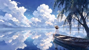 湖心船看风景的少女