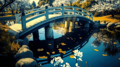 园林古桥池塘夏日风景