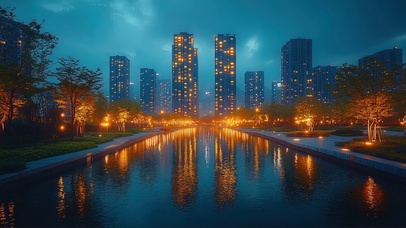 繁华都市河畔夜景