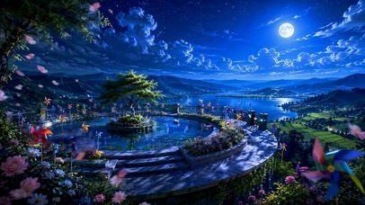 月下花海湖景