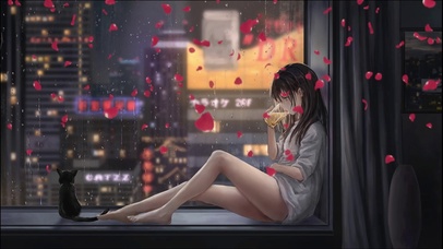 窗前喝酒的少女