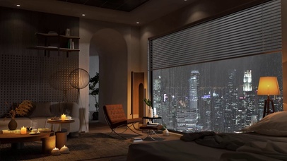 夜晚雨天都市房间
