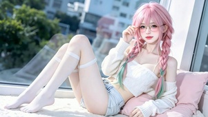 长腿少女窗边闲坐