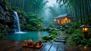 幽静竹林小屋瀑布