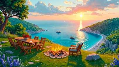 唯美插画高山夕阳海面