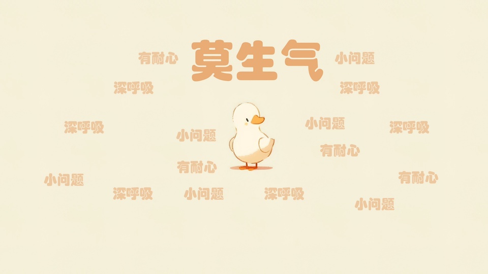 浅米黄背景上的卡通白小鸭与莫生气相关提示文字