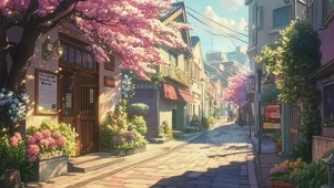 春日粉樱午后阳光街道