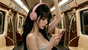地铁上戴耳机听音乐的美女