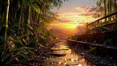 雨天翠竹夕阳