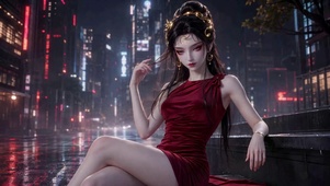 雨夜赛博都市古风红衣女神
