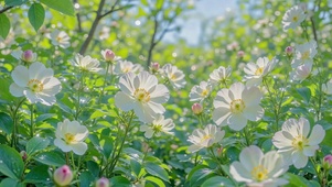清新唯美春日白花林间