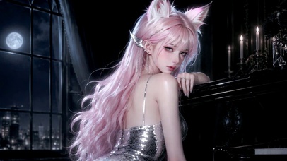 月夜钢琴粉发猫耳美少女