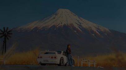 黄昏富士山与白色跑车