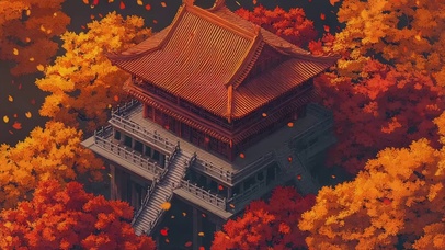绚烂秋日森林宏伟古建