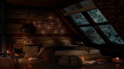 舒适夜晚卧室窗外雪