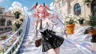 粉发二次元美少女街角赏花
