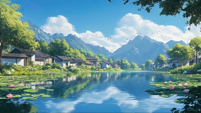 蓝天白云荷塘古城风景