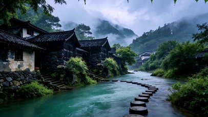 云山古寨雨天