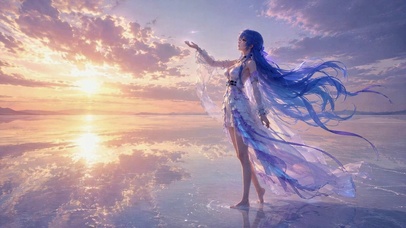 唯美盐湖日落蓝发美少女