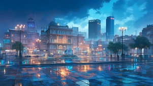 静谧都市雨夜广场