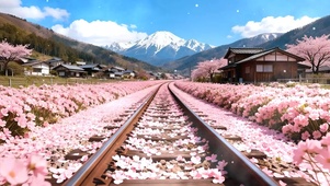 雪山樱花树木房屋