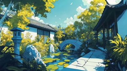 清新夏日蓝调园林庭院