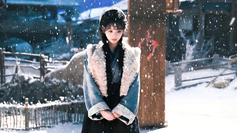 飘雪冬日古村落场景中，留齐刘海双麻花辫的年轻女性身着带米粉色毛绒大翻领的蓝灰调古装，身旁立有贴红色贴纸的木柱，背景是覆雪的民居与木栅栏。