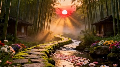 夕阳下竹林河流木屋