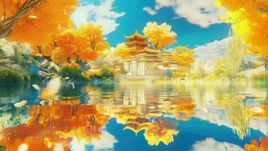 秋日金黄湖畔辉煌古建