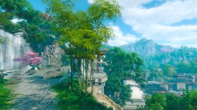 古风庭楼瀑布小竹林