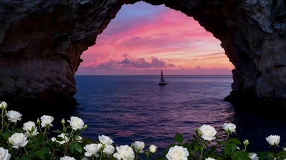 晚霞白玫瑰大海