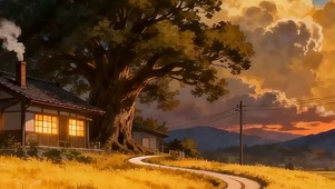 夕阳树木带鱼屏