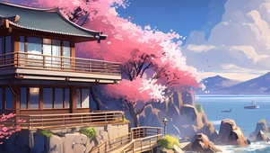 古风樱花树木房屋海景宽屏