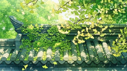 小清新春日房顶银杏